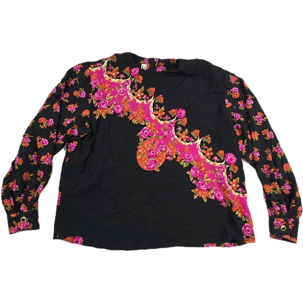 SK & Company‎ Vintage Women's Size P Petite Black Floral Blouse Gold Buttons